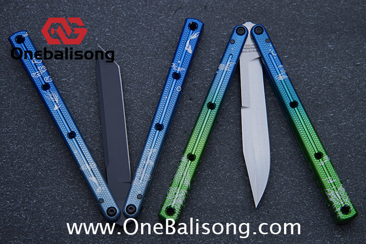 Blue River Kraken Laser Pattern Bilateral Groove Glossy Laser Pattern 7075 Aluminum Handle Black Steel Screws Balisong Stainless Steel Blade Clone Bushing