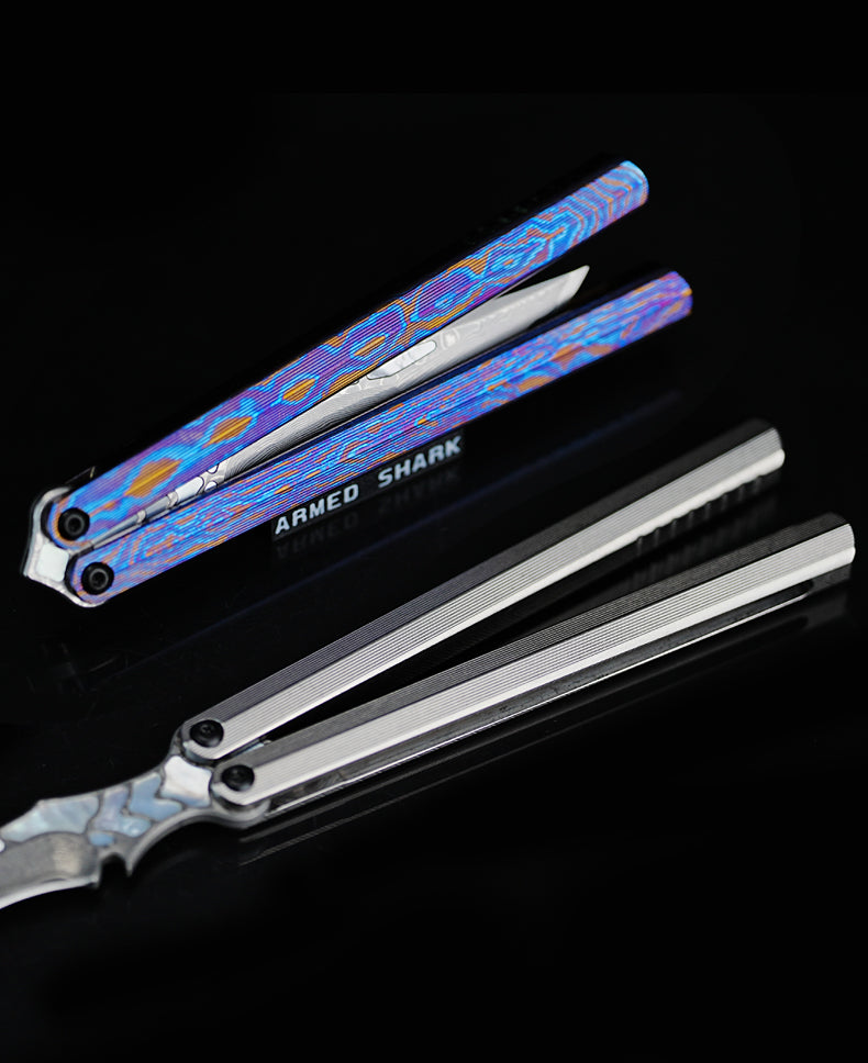 Armed Shark CK Viper Balisong Clone TC4 Titanium Alloy/Titanium Damascus Handle 14C28N MOV/Damascus Stainless Steel Fake Blade