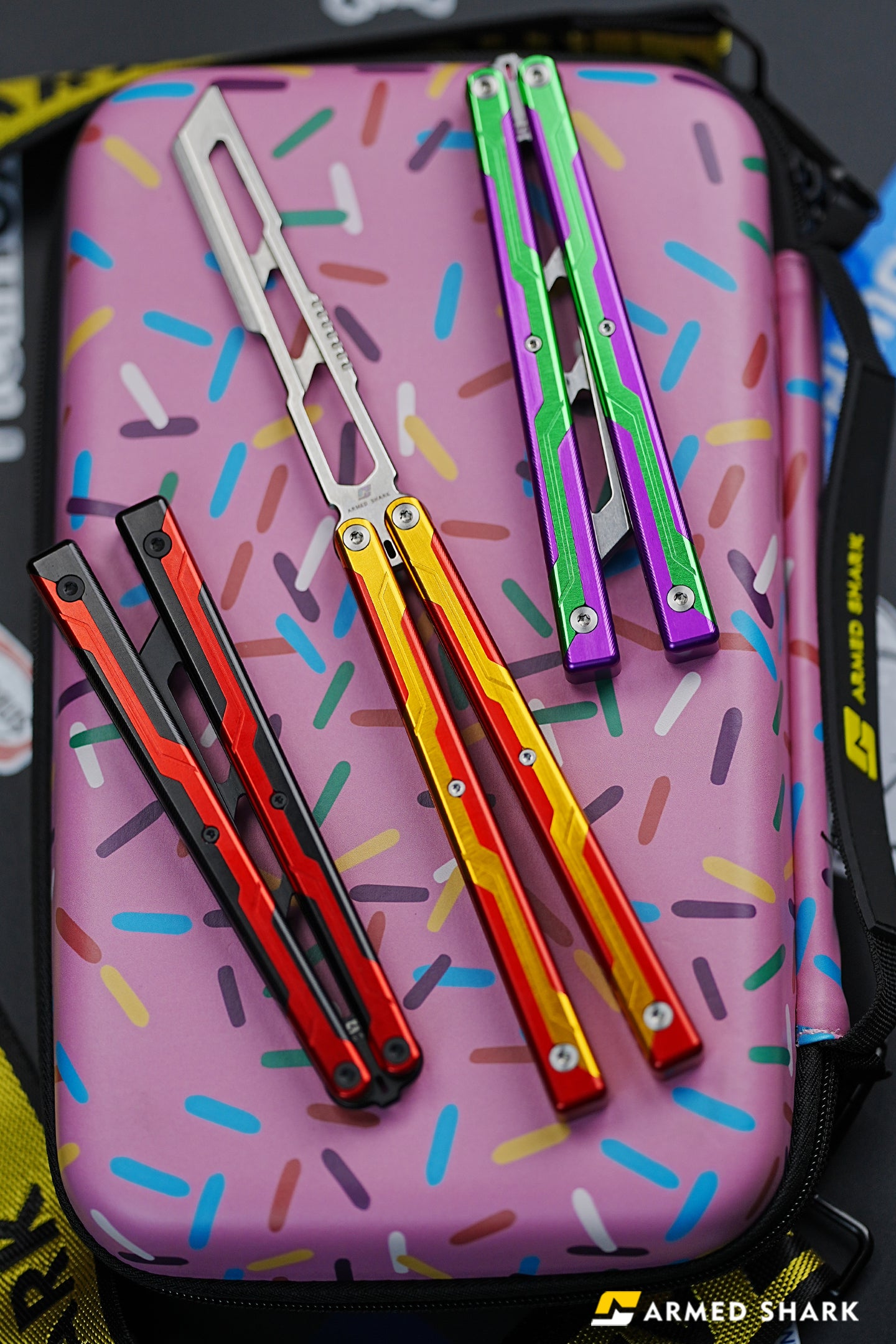Armed Shark Ajax Balisong Clone Seven Series Aluminum Alloy G10 Patch Handle Stainless Steel Trainer Blade Bushing Balisong