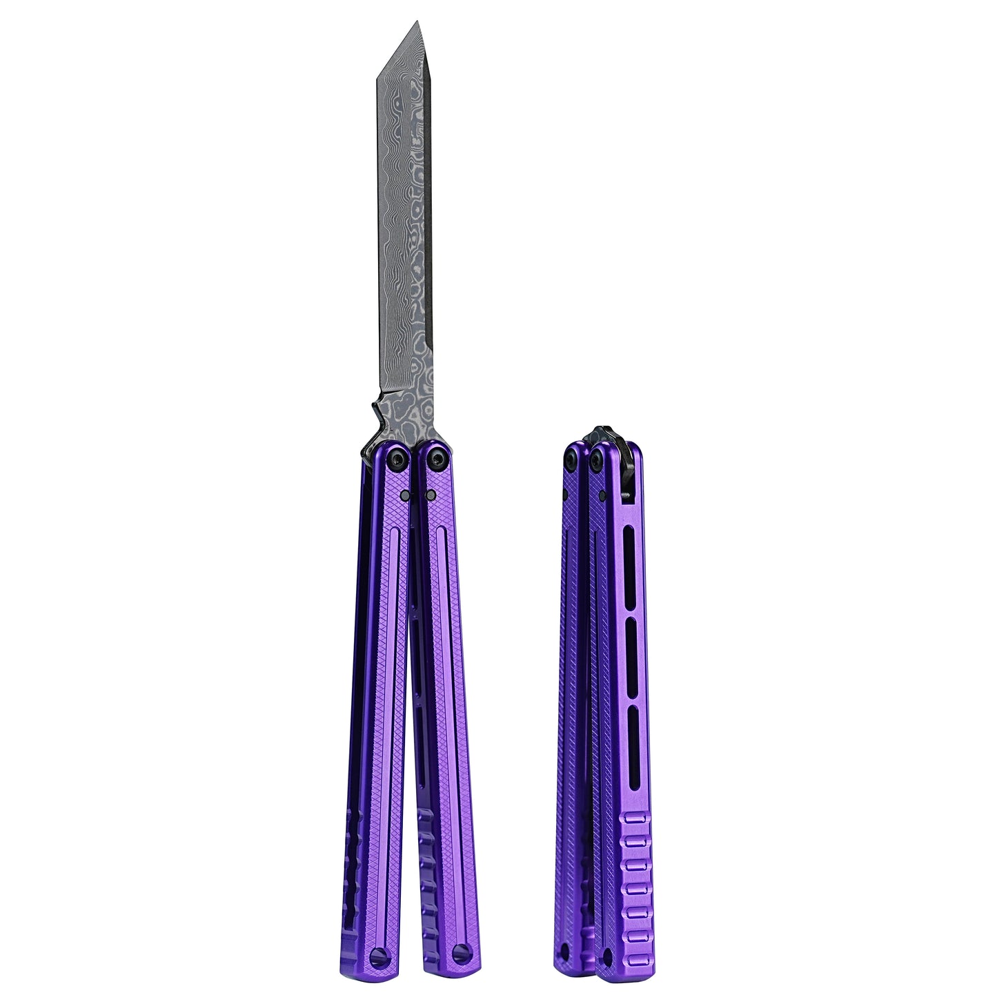 ARMED SHARK Glide Kraken Version Balisong clone Damascus fake blade/Trainer Seven series aluminum alloy handle stainless steel  blade Bushings