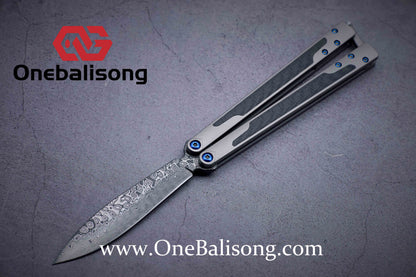 theone ex10 clone titanium handle + carbon fiber patch Damascus blade