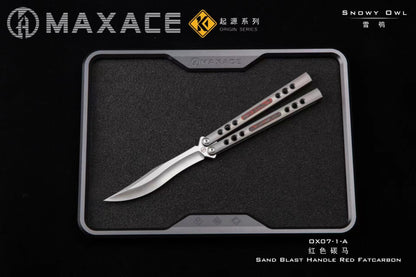 Maxace Snowy Owl Balisong Titanium TC4 Handle Bailu M390 Blade Imported Carbon Horse Patch Bushing