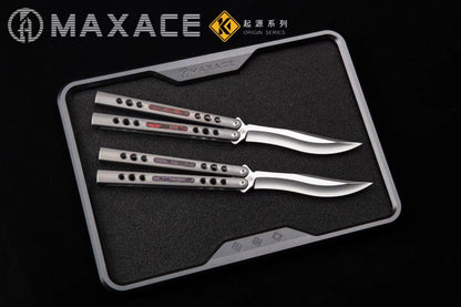 Maxace Snowy Owl Balisong Titanium TC4 Handle Bailu M390 Blade Imported Carbon Horse Patch Bushing