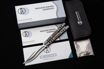 Maxace Snowy Owl Balisong Titanium TC4 Handle Bailu M390 Blade Imported Carbon Horse Patch Bushing