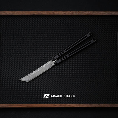 Armed Shark Titanium Madko Balisong Clone TC4 Titanium Handle Stainless Steel Trainer/Damascus Fake Blade