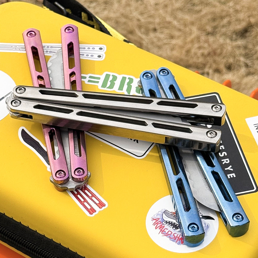 ARMED SHARK Tsunami Fake Blade Balisong Clone Titanium alloy handle Damascus stainless steel blade Bushing