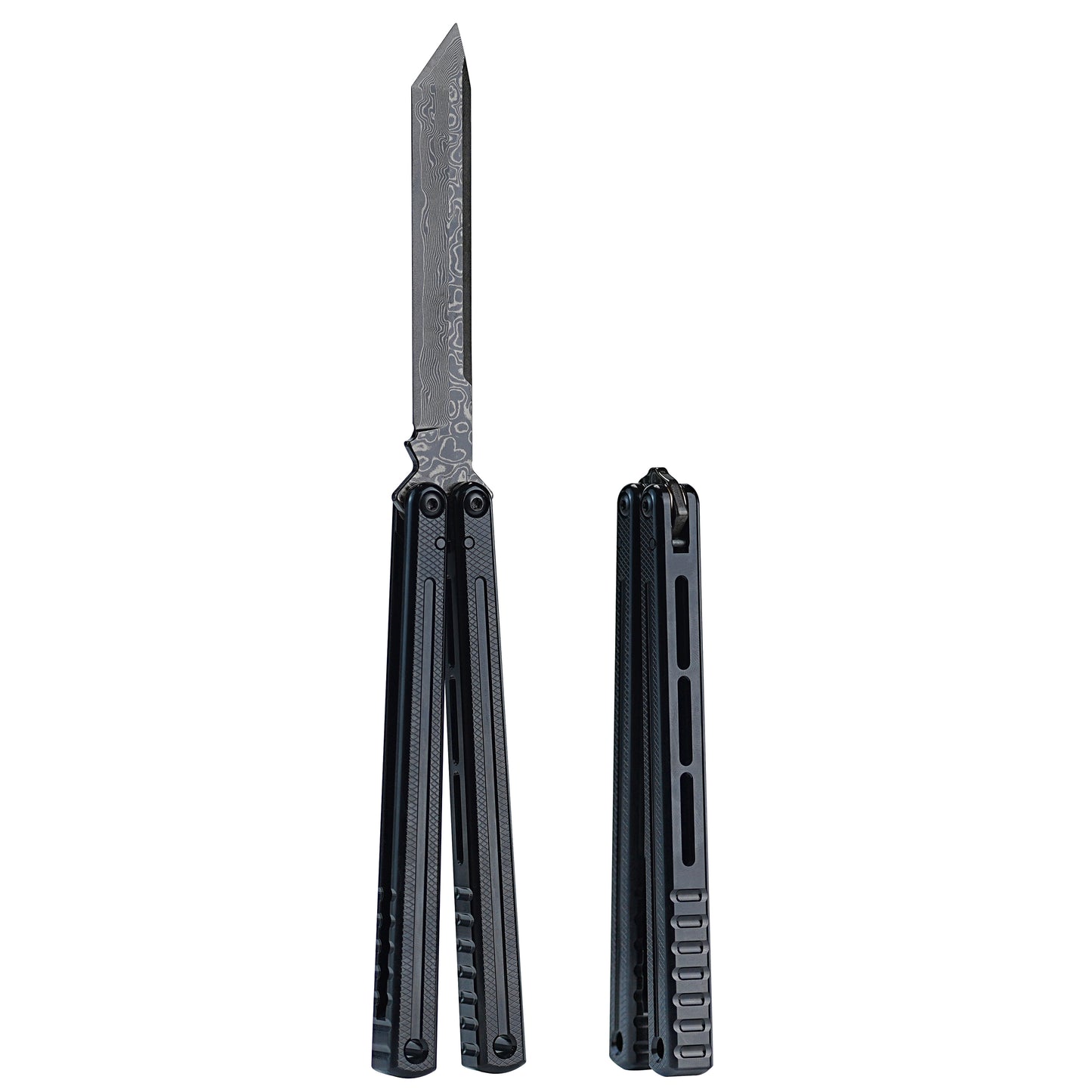 ARMED SHARK Glide Kraken Version Balisong clone Damascus fake blade/Trainer Seven series aluminum alloy handle stainless steel  blade Bushings