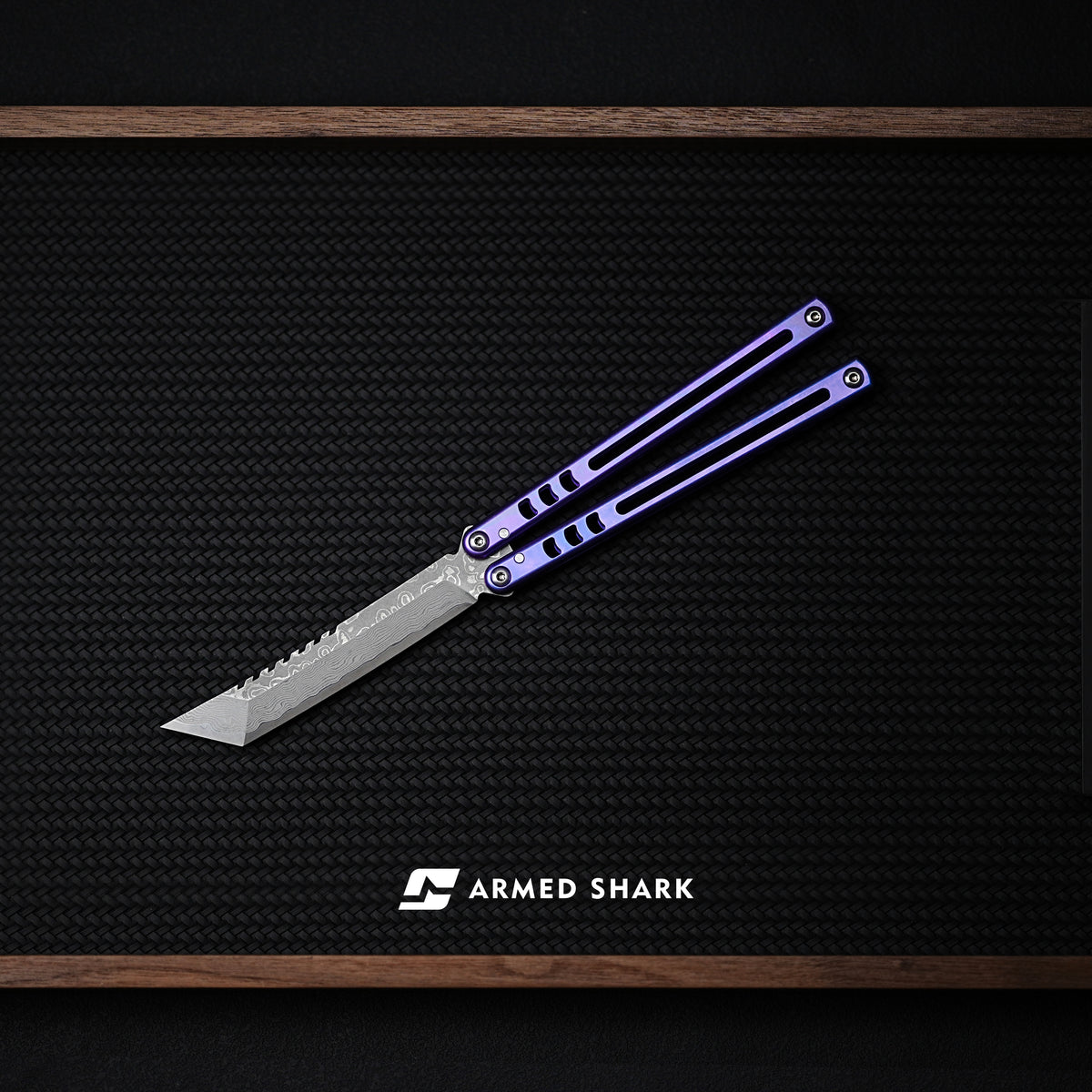 Armed Shark Titanium Madko Balisong Clone TC4 Titanium Handle Stainless Steel Trainer/Damascus Fake Blade