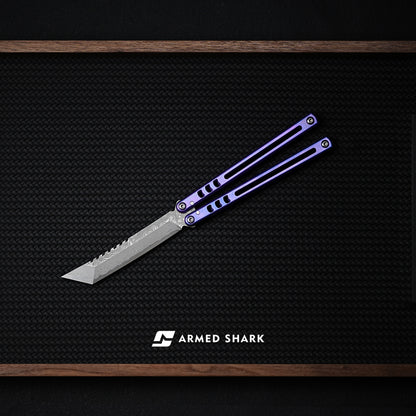 Armed Shark Titanium Madko Balisong Clone TC4 Titanium Handle Stainless Steel Trainer/Damascus Fake Blade