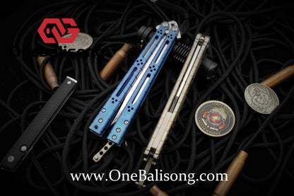 theone HOM bas Balisong clone Titanium alloy-handle stainless steel blade bushings Sandwich structure