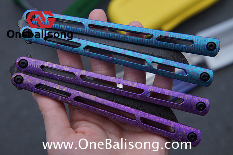 ARMED SHARK Tsunami Fake Blade Balisong Clone Ice crystal titanium alloy/TC4 Titanium alloy handle Damascus stainless steel blade Bushing