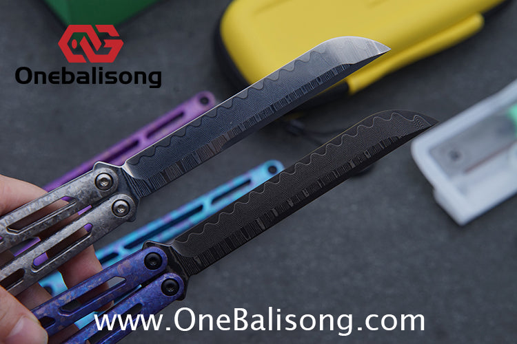 ARMED SHARK Tsunami Fake Blade Balisong Clone Ice crystal titanium alloy/TC4 Titanium alloy handle Damascus stainless steel blade Bushing