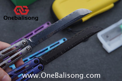 ARMED SHARK Tsunami Fake Blade Balisong Clone Ice crystal titanium alloy/TC4 Titanium alloy handle Damascus stainless steel blade Bushing