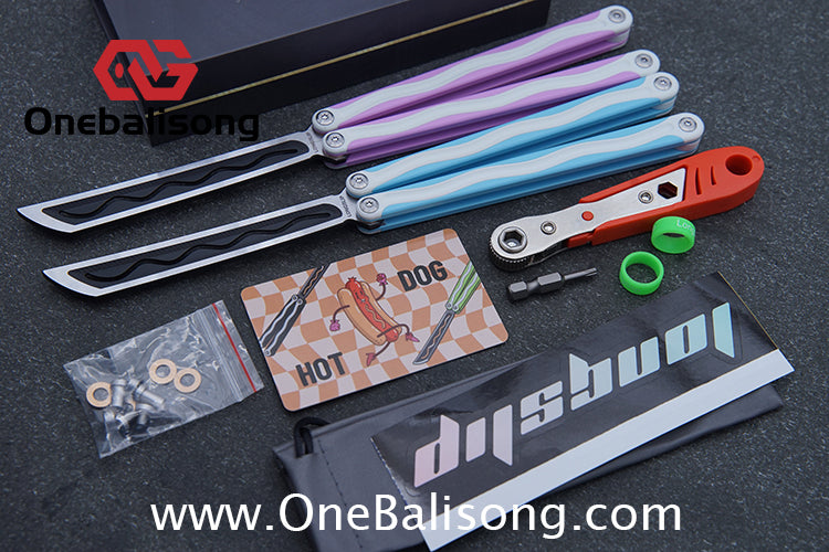 TITUS LONGSLIP Hot Dog Original Balisong 7075 Aviation Aluminum+G10 Patch Handle 14C28N Stainless Steel Blade Bushing