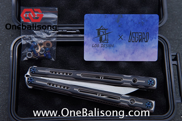 Log & Asgard Titanium Lyra Balisong Titanium Alloy Handle G10 paster Stainless Steel Fake Blade Sandwich Structure Bushing