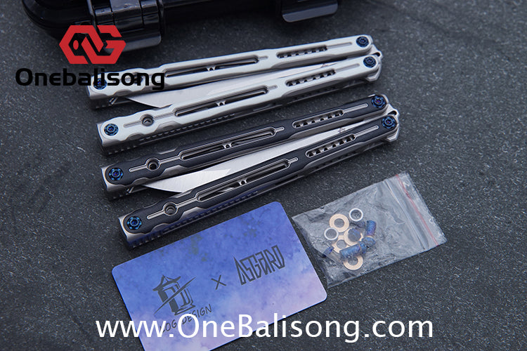 Log & Asgard Titanium Lyra Balisong Titanium Alloy Handle G10 paster Stainless Steel Fake Blade Sandwich Structure Bushing