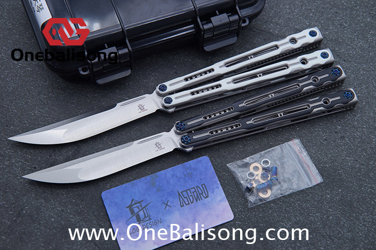 Log & Asgard Titanium Lyra Balisong Titanium Alloy Handle G10 paster Stainless Steel Fake Blade Sandwich Structure Bushing
