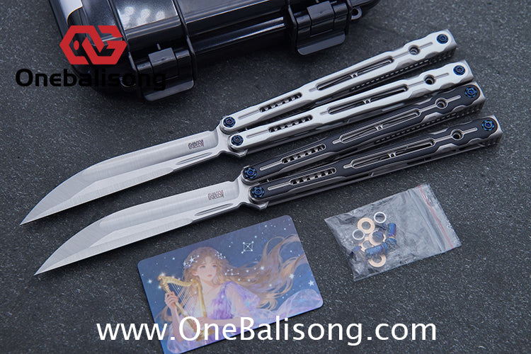 Log & Asgard Titanium Lyra Balisong Titanium Alloy Handle G10 paster Stainless Steel Fake Blade Sandwich Structure Bushing