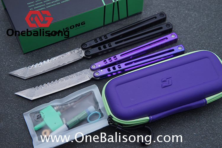 Armed Shark Titanium Madko Balisong Clone TC4 Titanium Handle Stainless Steel Trainer/Damascus Fake Blade