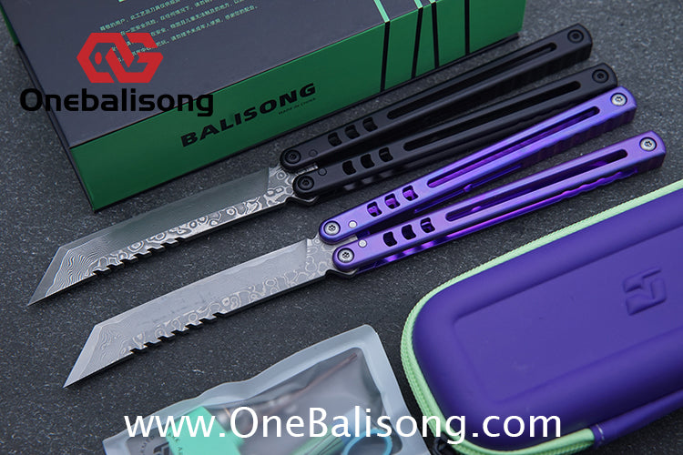 Armed Shark Titanium Madko Balisong Clone TC4 Titanium Handle Stainless Steel Trainer/Damascus Fake Blade