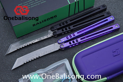 Armed Shark Titanium Madko Balisong Clone TC4 Titanium Handle Stainless Steel Trainer/Damascus Fake Blade