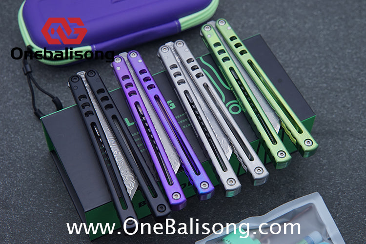 Armed Shark Titanium Madko Balisong Clone TC4 Titanium Handle Stainless Steel Trainer/Damascus Fake Blade
