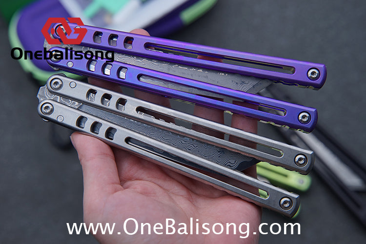 Armed Shark Titanium Madko Balisong Clone TC4 Titanium Handle Stainless Steel Trainer/Damascus Fake Blade
