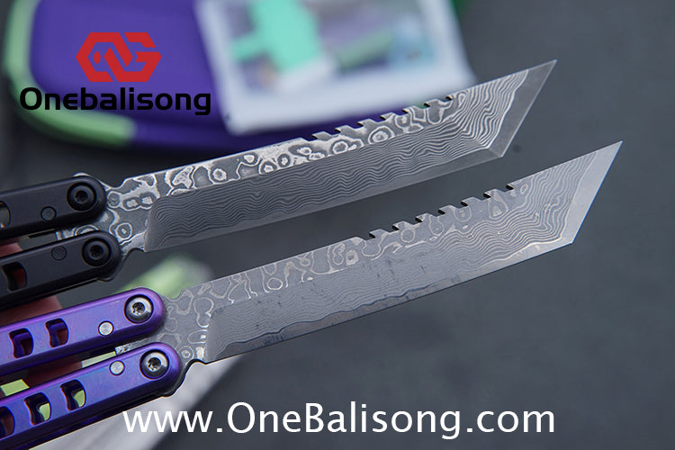 Armed Shark Titanium Madko Balisong Clone TC4 Titanium Handle Stainless Steel Trainer/Damascus Fake Blade