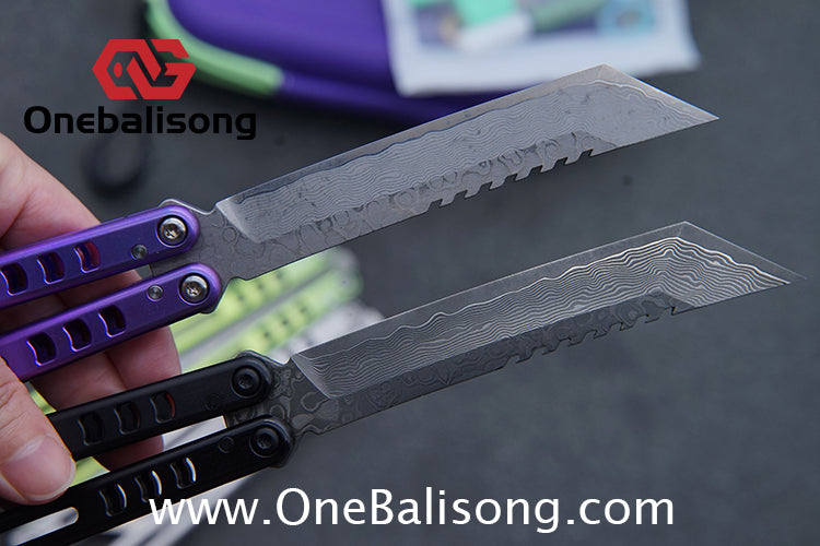 Armed Shark Titanium Madko Balisong Clone TC4 Titanium Handle Stainless Steel Trainer/Damascus Fake Blade