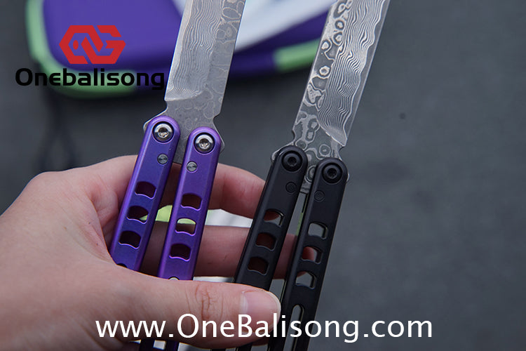 Armed Shark Titanium Madko Balisong Clone TC4 Titanium Handle Stainless Steel Trainer/Damascus Fake Blade