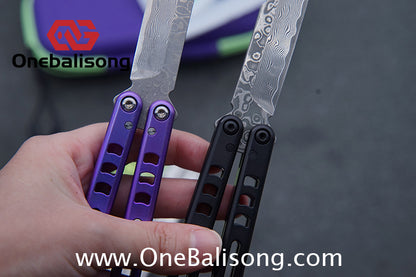 Armed Shark Titanium Madko Balisong Clone TC4 Titanium Handle Stainless Steel Trainer/Damascus Fake Blade