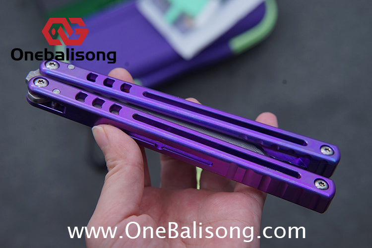 Armed Shark Titanium Madko Balisong Clone TC4 Titanium Handle Stainless Steel Trainer/Damascus Fake Blade