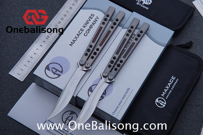 Maxace Snowy Owl Balisong Titanium TC4 Handle Bailu M390 Blade Imported Carbon Horse Patch Bushing
