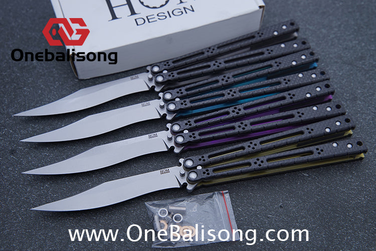 Small Fish HOM Bas Balisong Clone TC4 Titanium Alloy Lining Carbon Fiber Patch Handle 440C Stainless Steel Blade Bushings Sandwich Structure