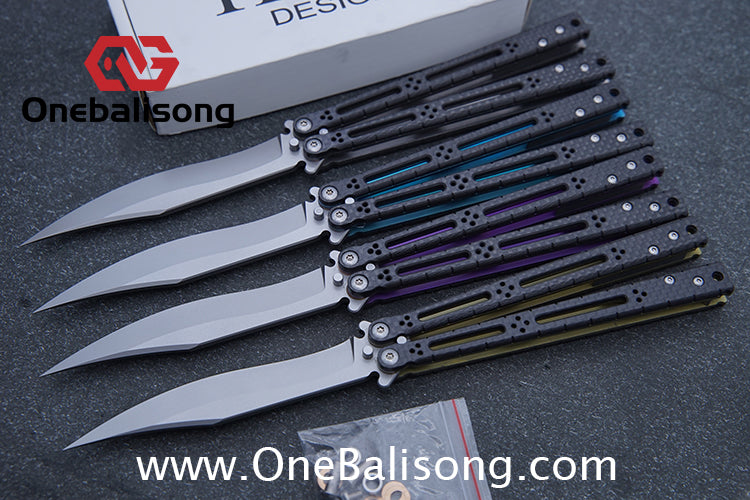 Small Fish HOM Bas Balisong Clone TC4 Titanium Alloy Lining Carbon Fiber Patch Handle 440C Stainless Steel Blade Bushings Sandwich Structure