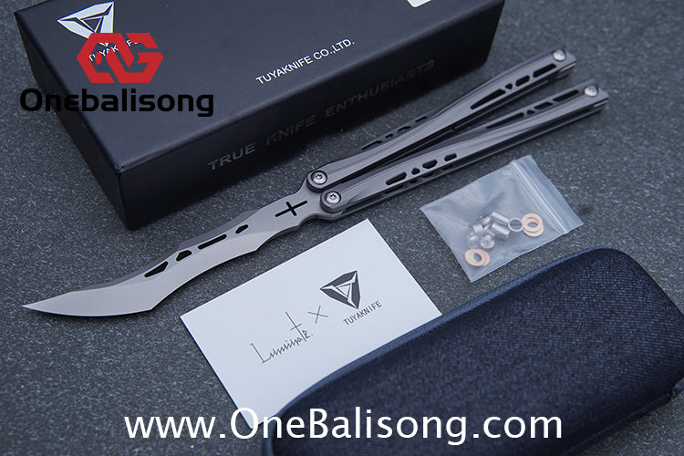 TUYAKNIFE Jormungandr Balisong TC4 Titanium Alloy Handle M390 Stainless Steel Blade Bushing