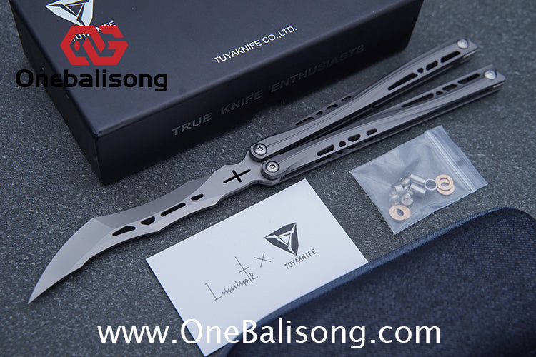 TUYAKNIFE Jormungandr Balisong TC4 Titanium Alloy Handle M390 Stainless Steel Blade Bushing