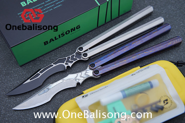 Armed Shark CK Viper Balisong Clone TC4 Titanium Alloy/Titanium Damascus Handle 14C28N MOV/Damascus Stainless Steel Fake Blade