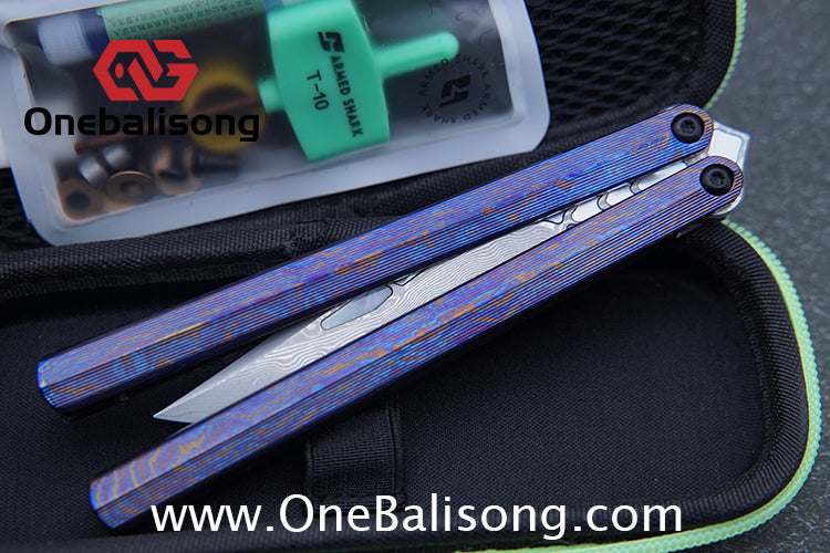Armed Shark CK Viper Balisong Clone TC4 Titanium Alloy/Titanium Damascus Handle 14C28N MOV/Damascus Stainless Steel Fake Blade