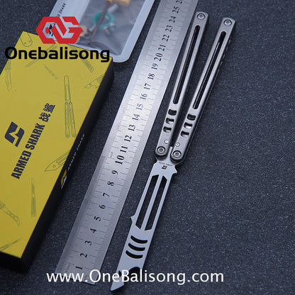Armed Shark Titanium Madko Balisong Clone TC4 Titanium Handle Stainless Steel Trainer/Damascus Fake Blade