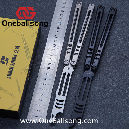Armed Shark Titanium Madko Balisong Clone TC4 Titanium Handle Stainless Steel Trainer/Damascus Fake Blade