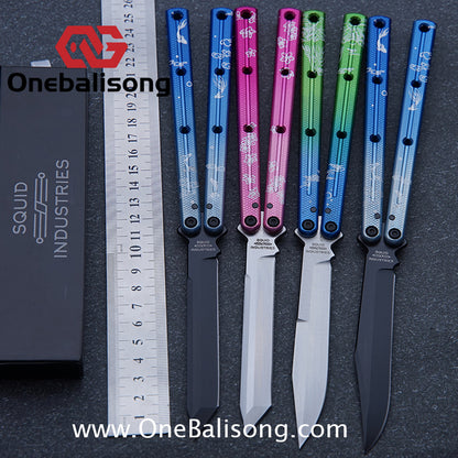 Blue River Kraken Laser Pattern Bilateral Groove Glossy Laser Pattern 7075 Aluminum Handle Black Steel Screws Balisong Stainless Steel Blade  Clone Bushing