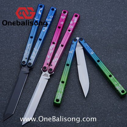 Blue River Kraken Laser Pattern Bilateral Groove Glossy Laser Pattern 7075 Aluminum Handle Black Steel Screws Balisong Stainless Steel Blade  Clone Bushing