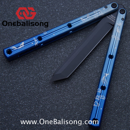 Blue River Kraken Laser Pattern Bilateral Groove Glossy Laser Pattern 7075 Aluminum Handle Black Steel Screws Balisong Stainless Steel Blade  Clone Bushing