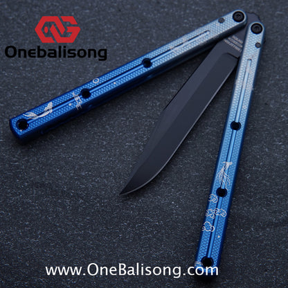 Blue River Kraken Laser Pattern Bilateral Groove Glossy Laser Pattern 7075 Aluminum Handle Black Steel Screws Balisong Stainless Steel Blade  Clone Bushing