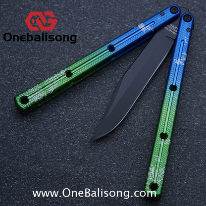 Blue River Kraken Laser Pattern Bilateral Groove Glossy Laser Pattern 7075 Aluminum Handle Black Steel Screws Balisong Stainless Steel Blade  Clone Bushing