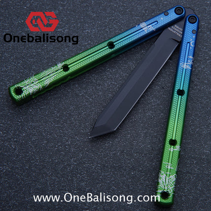 Blue River Kraken Laser Pattern Bilateral Groove Glossy Laser Pattern 7075 Aluminum Handle Black Steel Screws Balisong Stainless Steel Blade  Clone Bushing