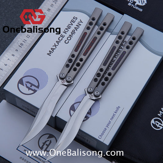 Maxace SNowy Owl Balisong Titanium TC4 Handle Bailu M390 Blade Imported Carbon Horse Patch Bushing