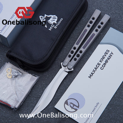 Maxace Snowy Owl Balisong Titanium TC4 Handle Bailu M390 Blade Imported Carbon Horse Patch Bushing