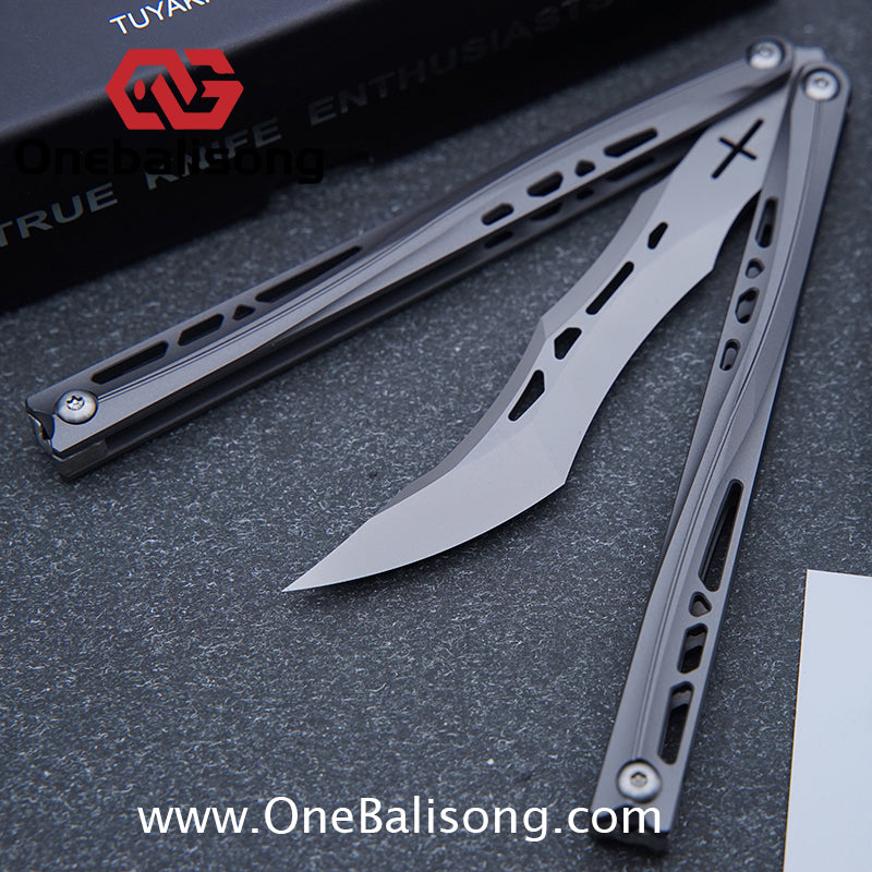 TUYAKNIFE Jormungandr Balisong TC4 Titanium Alloy Handle M390 Stainless Steel Blade Bushing